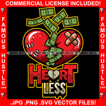 Heartless Red Broken Heart Money Raining Cracked Bandage Heartbroken Falling Cash Money Love Relationship Tattoo Hip Hop Rap Hustler Boss Drip Swag Famous Hustle Quote Art Graphic Design Logo T-Shirt Print Printing JPG PNG SVG Vector Cut File